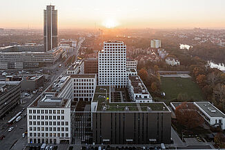 Aerial view of Nuremberg at sunset, in the foreground you can see the Seetor City Campus.