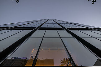 Glass façade of the Varso Tower in Warsaw.