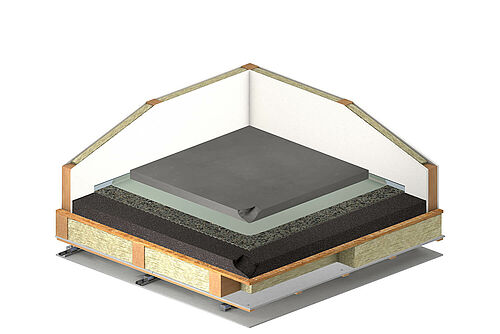 REGUPOL comfort 12 and REGUPOL comfort S1 under cement screed on wood frame ceiling with suspended ceiling REGUPOL comfort 12 and REGUPOL comfort S1 under cement screed on wood frame ceiling with suspended ceiling