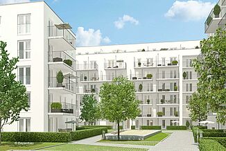 Green area in the inner courtyard of the Tassiloplatz residential complex in Munich.