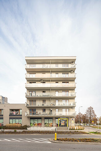 Residential building in Warsaw with a Biedronka supermarket on the ground floor.