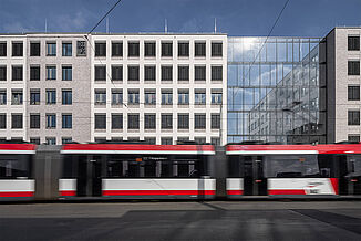 Passing tram in front of the City Campus Seetor in Nuremberg.