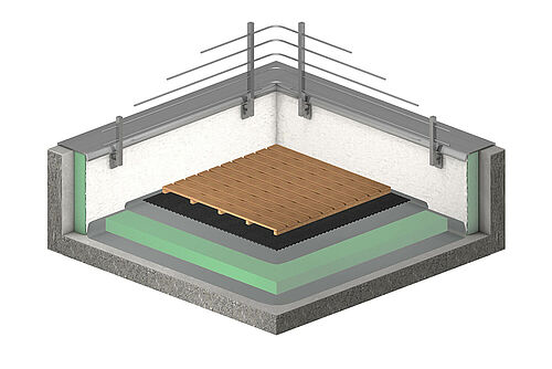REGUPOL sound and drain 22 under wooden decking boards REGUPOL sound and drain 22 under wooden decking boards