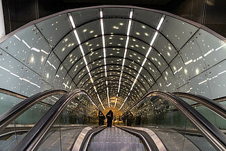 Long escalators in a metro station in Warsaw.