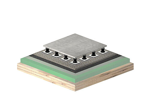 REGUPOL sound and drain 22 under pedastals and concrete tiles on CLT ceiling REGUPOL sound and drain 22 under pedastals and concrete tiles on CLT ceiling