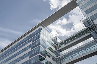 Glass façade of the West Plaza office complex in Colombes.