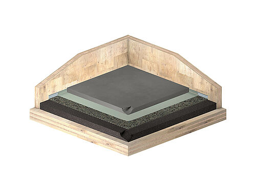 REGUPOL comfort 12 and REGUPOL comfort S1 under cement screed on CLT ceiling REGUPOL comfort 12 and REGUPOL comfort S1 under cement screed on CLT ceiling