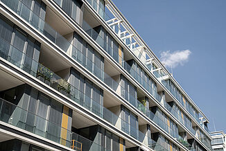 Façade with balconies of the exclusive residential complex The Ambassy in Vienna.