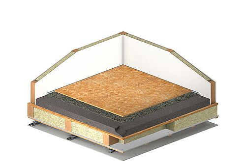 REGUPOL comfort 12 with leveling fill under osb sheeting on wood frame ceiling with suspended ceiling REGUPOL comfort 12 with leveling fill under osb sheeting on wood frame ceiling with suspended ceiling