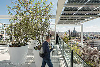 People on the roof terrace of Ikea Westbahnhof in Vienna.
