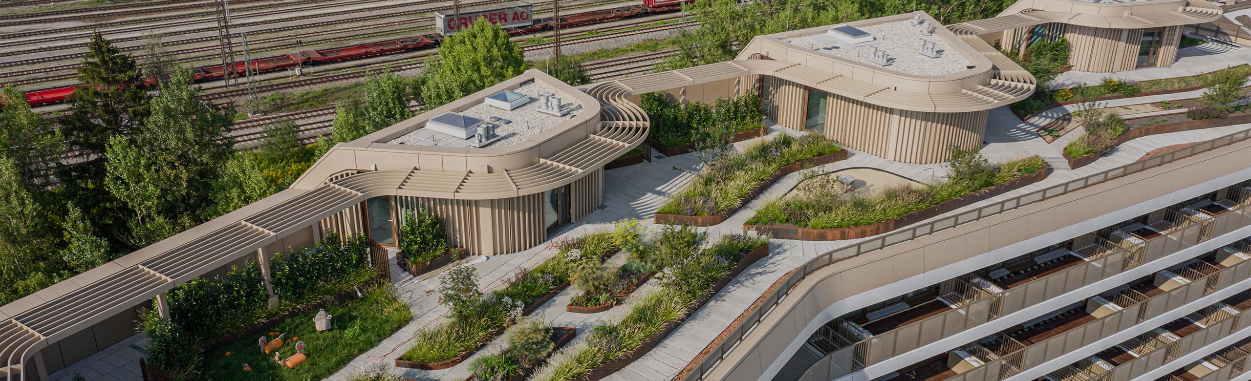 Aerial view of the roof terrace of the NEO building complex in Munich.