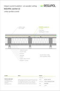REGUPOL comfort 12 with levelling fill under OSB sheeting on wood frame ceiling with suspended